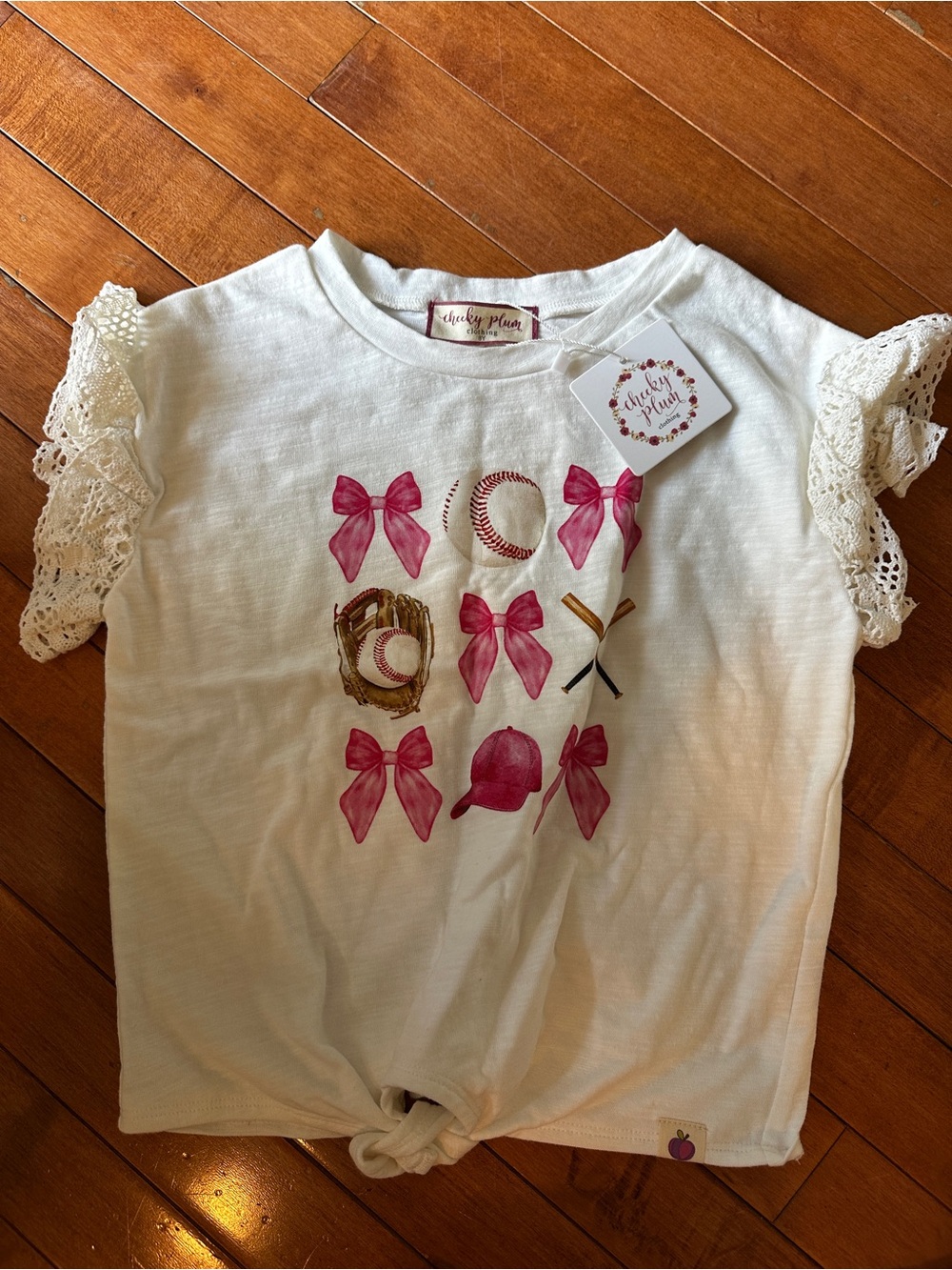 Cheeky Plum Kids White Lace-Sleeve Baseball Graphic Tee with Pink Bows